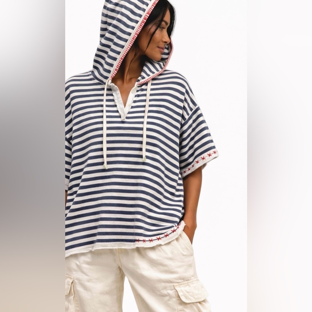 Oversized Organic Cotton Hooded Top, Star Appliqué Striped Boho Unisex Hoodie - Picture 8 of 14
